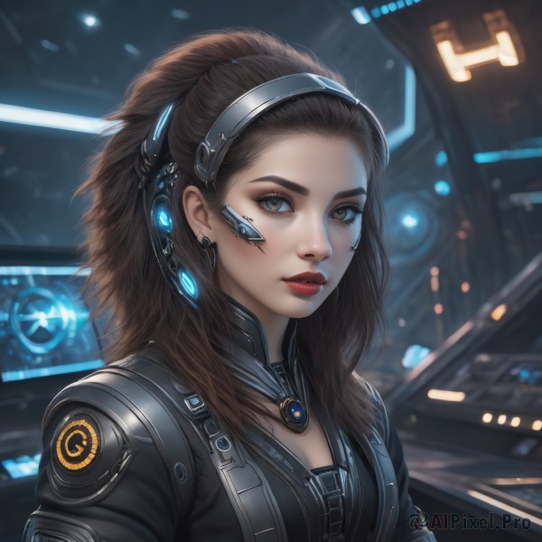 1girl,solo,long hair,breasts,looking at viewer,brown hair,brown eyes,jewelry,upper body,parted lips,artist name,blurry,lips,bodysuit,makeup,blurry background,headgear,lipstick,forehead,freckles,science fiction,realistic,nose,red lips,hair pulled back,cyberpunk,black hair,jacket,hairband,earrings,signature,necklace,eyelashes,headset,backlighting,earpiece