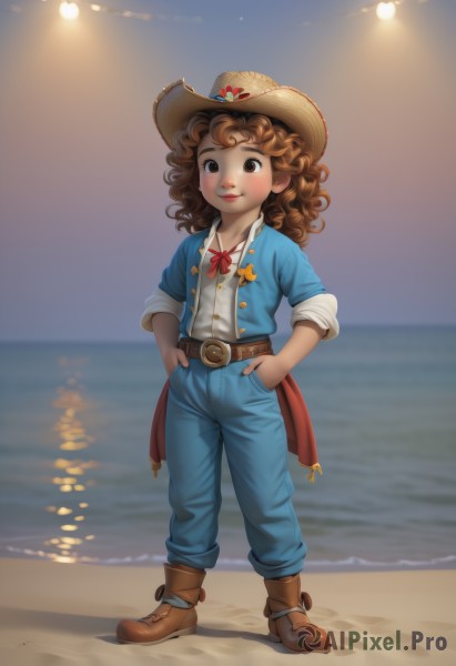 1girl,solo,long hair,looking at viewer,blush,smile,brown hair,shirt,hat,bow,ribbon,brown eyes,closed mouth,standing,jacket,full body,white shirt,boots,outdoors,open clothes,sky,belt,pants,dark skin,water,star (symbol),blurry,red bow,flat chest,red ribbon,dark-skinned female,lips,night,buttons,blurry background,ocean,beach,brown footwear,child,sleeves rolled up,curly hair,hands in pockets,straw hat,horizon,blue pants,brown belt,flower,day,shadow,watermark,denim,web address,sun hat,hat flower