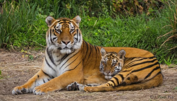 outdoors,lying,day,no humans,animal,traditional media,sleeping,grass,plant,on stomach,nature,realistic,chinese zodiac,animal focus,tiger,year of the tiger,looking at viewer,closed mouth,closed eyes,on ground