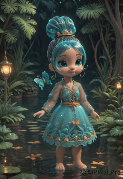 1girl,solo,smile,blue eyes,hair ornament,long sleeves,dress,jewelry,closed mouth,blue hair,standing,full body,earrings,outdoors,shoes,barefoot,artist name,dark skin,water,hair bun,nail polish,aqua eyes,tree,see-through,aqua hair,makeup,night,blue dress,animal,leaf,single hair bun,bug,plant,butterfly,child,nature,wading,hoop earrings,lantern,female child,lamp,ripples,see-through sleeves,fireflies,aqua dress