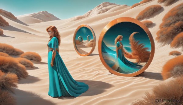 elsa (frozen),1girl,solo,long hair,blue eyes,blonde hair,brown hair,dress,2girls,jewelry,standing,braid,earrings,outdoors,sky,orange hair,single braid,makeup,blue dress,reflection,mirror,sand,long dress,desert,different reflection,breasts,looking at viewer,full body,short sleeves,day,artist name,cloud,from side,blue sky,sash,multiple views,shadow,grass,star (sky),curly hair,mountain,aqua dress