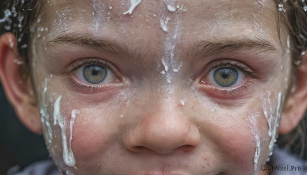 1girl,solo,looking at viewer,brown hair,1boy,brown eyes,closed mouth,green eyes,cum,water,blurry,lips,eyelashes,portrait,facial,close-up,freckles,reflection,realistic,eye focus,short hair,yellow eyes,male focus,nose