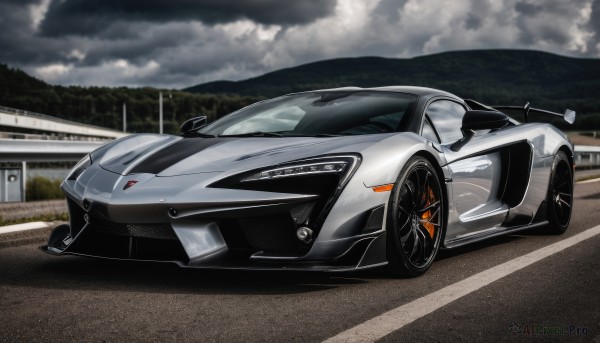 outdoors,sky,cloud,no humans,cloudy sky,ground vehicle,scenery,motor vehicle,mountain,fence,car,road,vehicle focus,wheel,sports car,solo