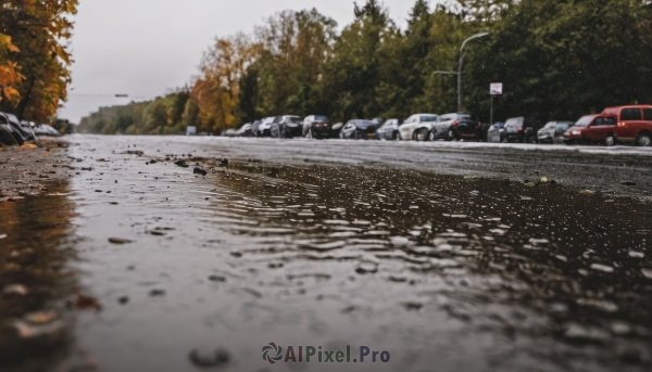 outdoors,sky,day,water,tree,no humans,ground vehicle,nature,scenery,motor vehicle,reflection,realistic,car,road,vehicle focus,lamppost,river,photo background,grey sky,real world location,snow,rock,road sign