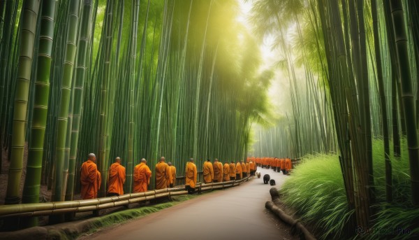 outdoors,multiple boys,day,no humans,sunlight,grass,nature,scenery,forest,6+boys,light rays,road,sunbeam,bamboo,bamboo forest,tree,walking,path