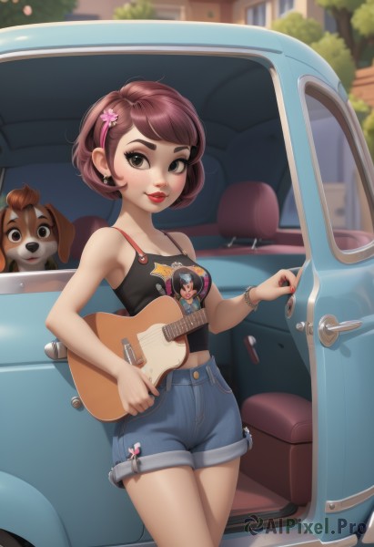 1girl,solo,breasts,looking at viewer,smile,short hair,bangs,brown hair,hair ornament,navel,holding,bare shoulders,brown eyes,jewelry,standing,cowboy shot,earrings,small breasts,outdoors,parted lips,shorts,day,hairclip,midriff,artist name,hair flower,nail polish,blurry,bracelet,tree,lips,short shorts,eyelashes,makeup,piercing,thick eyebrows,tank top,denim,lipstick,ground vehicle,instrument,red nails,motor vehicle,camisole,blue shorts,denim shorts,dog,guitar,red lips,spaghetti strap,car,midriff peek,holding instrument,electric guitar,mascara,car interior,plectrum,sticker,blush,multiple girls,shirt,2girls,medium breasts,collarbone,flower,hairband,solo focus,crop top,black shirt,blurry background,watermark,web address,freckles,nose,bra strap,cameo,scooter