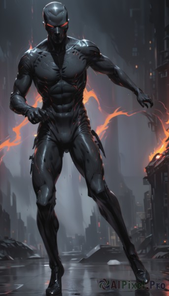 solo,looking at viewer,red eyes,1boy,standing,full body,male focus,bodysuit,muscular,glowing,abs,helmet,fire,pectorals,muscular male,building,bara,skin tight,science fiction,city,black bodysuit,burning,thighs,outdoors,reflection