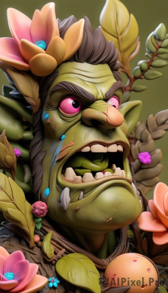 solo,open mouth,black hair,hair ornament,1boy,flower,male focus,teeth,pointy ears,artist name,hair flower,pink eyes,no humans,colored skin,facial hair,leaf,thick eyebrows,plant,portrait,beard,pink flower,colored sclera,green background,green skin,mohawk,orc,tusks,fangs