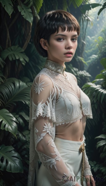 1girl,solo,breasts,looking at viewer,short hair,bangs,blue eyes,skirt,black hair,long sleeves,navel,jewelry,closed mouth,standing,cowboy shot,small breasts,outdoors,day,midriff,artist name,bra,blurry,black eyes,from side,tree,lips,crop top,see-through,leaf,expressionless,sunlight,plant,nature,forest,realistic,nose,dappled sunlight,brown eyes,parted lips,dark skin,dark-skinned female,white skirt,freckles,very short hair