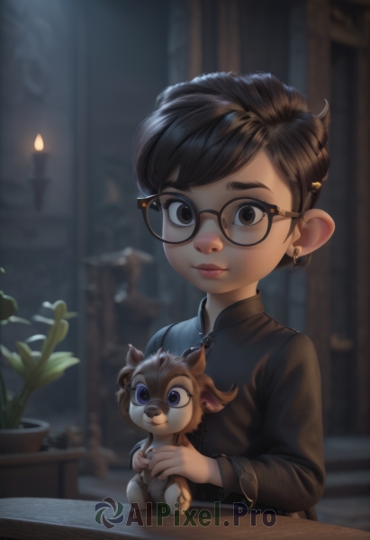 1girl,solo,looking at viewer,short hair,bangs,brown hair,shirt,black hair,hair ornament,long sleeves,holding,brown eyes,jewelry,closed mouth,upper body,earrings,glasses,hairclip,indoors,blurry,lips,black shirt,depth of field,blurry background,swept bangs,animal,table,plant,black-framed eyewear,nose,round eyewear,potted plant,candle,holding animal,smile,blue eyes,animal ears,sitting,artist name,black eyes,makeup,thick eyebrows,candlestand,candlelight