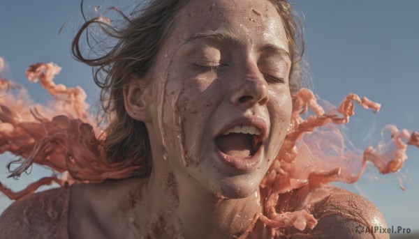 1girl,solo,short hair,open mouth,brown hair,1boy,closed eyes,male focus,outdoors,sky,teeth,day,tongue,cloud,blurry,blue sky,lips,portrait,realistic,blood,messy hair,injury,blood on face,dirty,screaming,dirty face