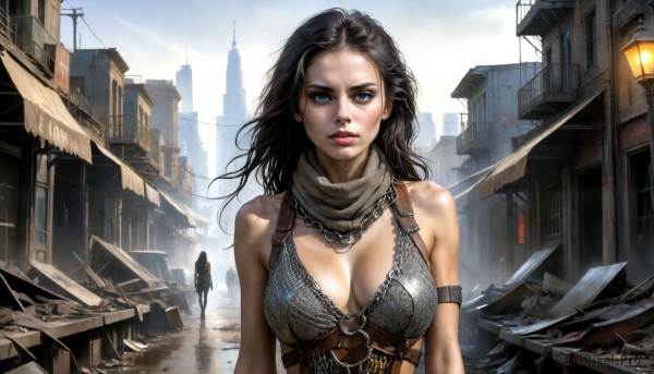 HQ,1girl,long hair,breasts,looking at viewer,blue eyes,large breasts,black hair,cleavage,bare shoulders,jewelry,outdoors,parted lips,sky,solo focus,necklace,scarf,armor,lips,building,armlet,o-ring,city,realistic,ruins,bikini armor,solo,medium breasts,upper body,scenery,armband