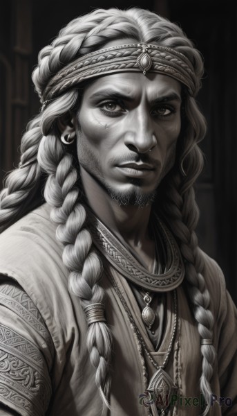 solo,long hair,looking at viewer,1boy,jewelry,monochrome,upper body,braid,greyscale,male focus,earrings,parted lips,teeth,necklace,twin braids,headband,facial hair,scar,hair over shoulder,beard,robe,brown theme,multiple braids,bangs,brown eyes,closed mouth,artist name,dark skin,facial mark,piercing,dark-skinned male,black background,gem,facial tattoo,arabian clothes,nose piercing