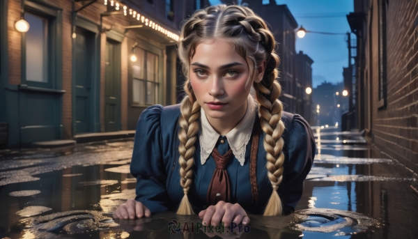 1girl,solo,long hair,looking at viewer,blonde hair,brown hair,long sleeves,dress,brown eyes,closed mouth,upper body,braid,multicolored hair,outdoors,necktie,day,puffy sleeves,water,twin braids,two-tone hair,lips,night,blue dress,juliet sleeves,building,hair over shoulder,forehead,freckles,reflection,city,realistic,nose,railing,road,power lines,lamppost,street,balcony,sky,window,makeup,parody,coin