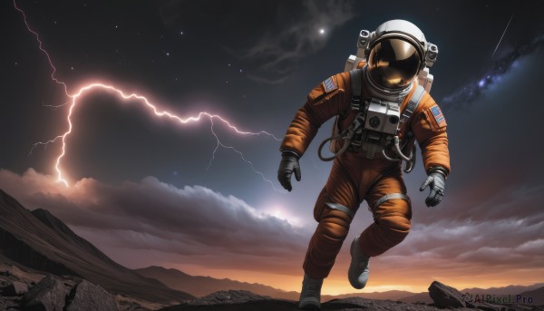 solo,gloves,full body,outdoors,sky,cloud,night,glowing,moon,helmet,star (sky),night sky,scenery,1other,floating,starry sky,science fiction,mountain,electricity,space,lightning,ambiguous gender,spacesuit,space helmet,astronaut,1boy,signature,cloudy sky,rock,american flag