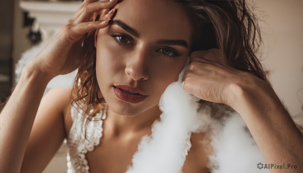 1girl,solo,long hair,looking at viewer,brown hair,brown eyes,upper body,parted lips,indoors,nail polish,mole,blurry,lips,fingernails,blurry background,towel,freckles,realistic,nose,bathroom,black hair,collarbone,dark skin,dark-skinned female,makeup,portrait,close-up