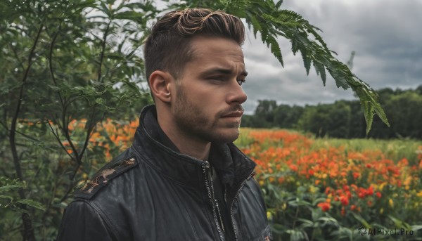 solo,short hair,brown hair,1boy,closed mouth,jacket,upper body,flower,male focus,outdoors,sky,day,cloud,blurry,tree,black jacket,blurry background,facial hair,cloudy sky,nature,beard,zipper,realistic,mustache,field,grey sky,shirt,black hair,open clothes,open jacket,black shirt,leaf,scar,plant,portrait,scar on face,very short hair,leather,undercut,flower field,leather jacket