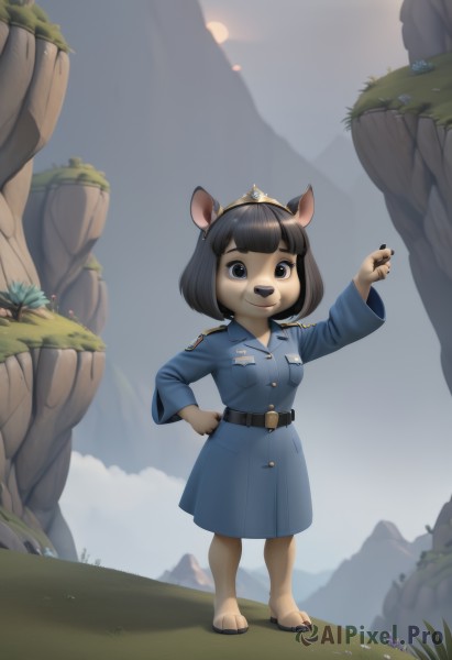 1girl,solo,looking at viewer,smile,short hair,bangs,blue eyes,black hair,long sleeves,animal ears,closed mouth,standing,full body,flower,outdoors,sky,barefoot,day,belt,artist name,cloud,hand up,signature,blunt bangs,uniform,black eyes,arm up,coat,hand on hip,military,military uniform,buttons,grass,tiara,child,black nails,furry,pocket,black belt,furry female,sun,female child,breast pocket,blue coat,snout,breasts,open mouth,teeth,blue sky,sandals,bob cut,cloudy sky,crown,epaulettes,mountain,brown fur