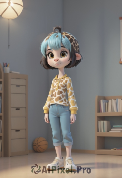 1girl,solo,looking at viewer,smile,short hair,bangs,brown hair,shirt,black hair,long sleeves,brown eyes,closed mouth,blue hair,standing,full body,ahoge,multicolored hair,hairband,shoes,pointy ears,pants,artist name,indoors,two-tone hair,book,shadow,white footwear,denim,animal print,sneakers,child,ball,yellow shirt,jeans,blue pants,bookshelf,female child,lamp,male child,pencil,shelf,basketball,hood,hoodie