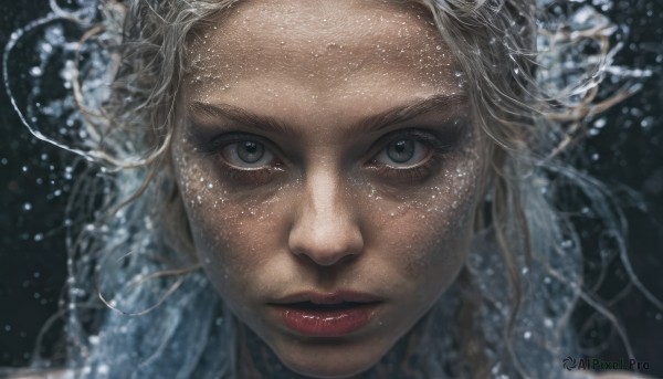 1girl,solo,long hair,looking at viewer,closed mouth,white hair,water,lips,grey eyes,eyelashes,portrait,close-up,realistic,red lips,straight-on,blonde hair,makeup,lipstick