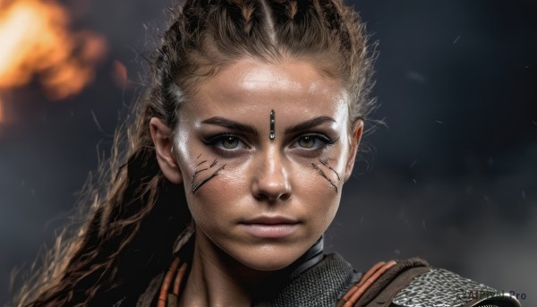 1girl,solo,long hair,looking at viewer,brown hair,brown eyes,closed mouth,dark skin,armor,blurry,lips,blurry background,facial mark,portrait,close-up,forehead,forehead mark,realistic,nose,chainmail,blonde hair,1boy,braid,male focus,scar,fire,serious