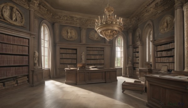 day,indoors,book,no humans,window,chair,table,sunlight,scenery,desk,light rays,stairs,clock,bookshelf,shelf,book stack,library,candlestand,chandelier,wooden floor,candle,scroll,statue,quill