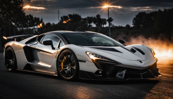 outdoors,sky,cloud,tree,no humans,cloudy sky,fire,ground vehicle,motor vehicle,car,road,vehicle focus,lamppost,sports car,solo,from side,wheel