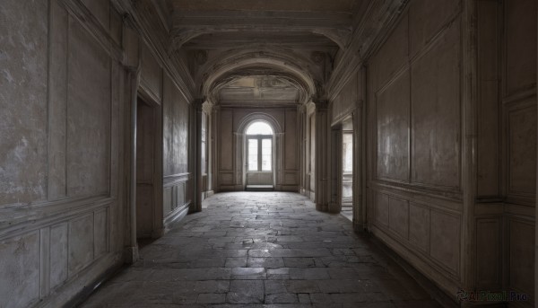 day,indoors,no humans,window,sunlight,scenery,stairs,door,ruins,pillar,hallway,wooden floor,wall,arch,stone floor,vanishing point,brick floor