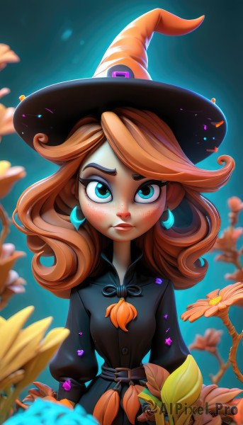 1girl,solo,long hair,looking at viewer,blush,blue eyes,brown hair,long sleeves,hat,dress,jewelry,upper body,flower,earrings,belt,artist name,orange hair,black dress,lips,eyelashes,black headwear,makeup,witch hat,buttons,glowing,blue background,thick eyebrows,eyeshadow,halloween,freckles,belt buckle,nose,witch,mascara,closed mouth,red hair,alternate costume,blurry