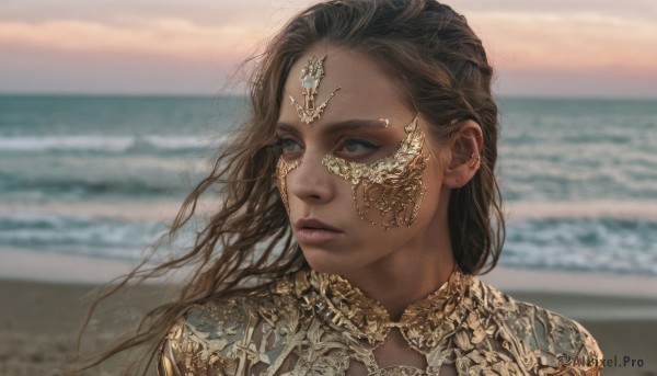 1girl,solo,long hair,blue eyes,brown hair,jewelry,closed mouth,outdoors,day,dark skin,blurry,dark-skinned female,lips,looking to the side,dutch angle,blurry background,ocean,looking away,beach,portrait,circlet,realistic,nose,sand,looking afar,black hair,upper body,earrings,sky,water,grey eyes,depth of field,piercing,wind,ear piercing,gold trim,horizon,gold,waves