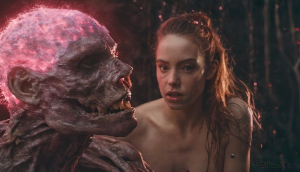 1girl,long hair,looking at viewer,open mouth,blue eyes,brown hair,1boy,upper body,ponytail,pink hair,nude,parted lips,teeth,looking at another,lips,blood,monster,realistic,alien,horror (theme),hair ornament,portrait,science fiction,veins,skull