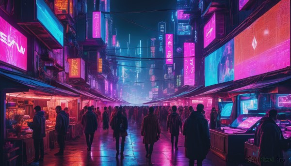 short hair,multiple girls,standing,outdoors,multiple boys,from behind,coat,night,6+girls,building,scenery,reflection,rain,6+boys,city,sign,road,cityscape,street,skyscraper,crowd,city lights,cyberpunk,neon lights,people,6+others,jacket,hood,bag,backpack,plant,walking,science fiction,dark,wide shot,shop,hologram,storefront