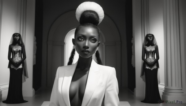 1girl,solo,long hair,breasts,looking at viewer,multiple girls,large breasts,dress,cleavage,jewelry,medium breasts,standing,collarbone,monochrome,braid,greyscale,earrings,open clothes,dark skin,3girls,hair bun,black dress,twin braids,dark-skinned female,lips,no bra,formal,lipstick,veil,breasts apart,spot color,center opening,long dress,pillar,statue,very dark skin,black skin,dreadlocks,plunging neckline,upper body,makeup,own hands together