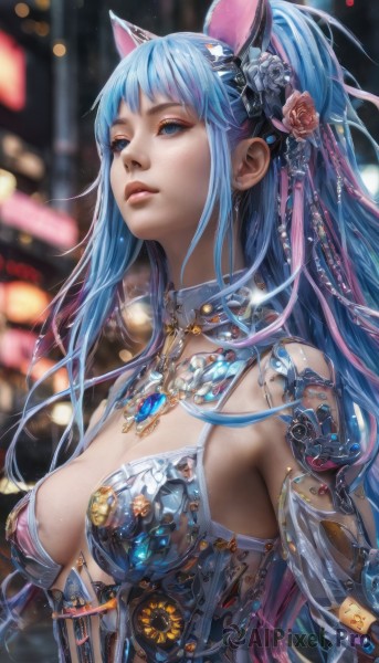 1girl,solo,long hair,breasts,bangs,blue eyes,hair ornament,animal ears,cleavage,jewelry,medium breasts,blue hair,upper body,ponytail,pink hair,flower,multicolored hair,parted lips,cat ears,hair flower,necklace,blurry,lips,depth of field,blurry background,fake animal ears,gem,science fiction,realistic,android,mechanical parts,large breasts,bare shoulders,closed mouth,sidelocks,artist name,signature,armor,eyelashes,makeup,detached collar,rose,watermark,pink flower,pink lips,nose,pink rose,bokeh,mascara