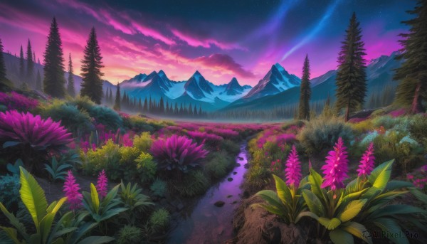 A landscape set against the backdrop of a captivating sunset outdoors