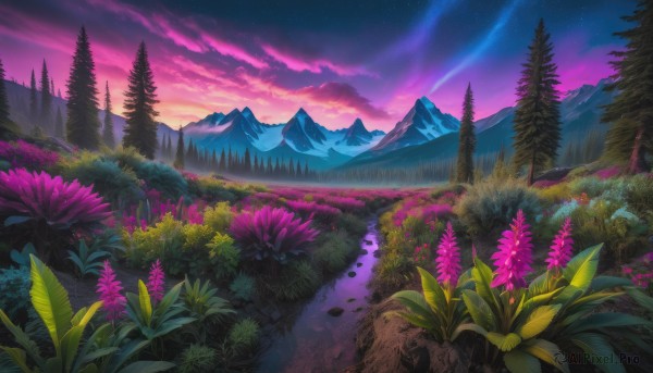 flower, outdoors, sky, cloud, tree, no humans, night, grass, star (sky), nature, night sky, scenery, forest, starry sky, sunset, mountain, landscape, mountainous horizon, purple sky