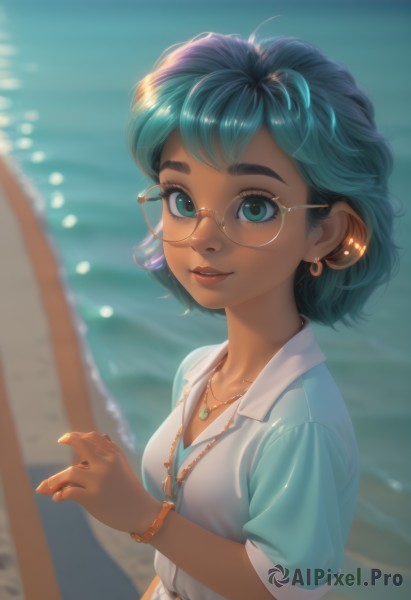 1girl,solo,breasts,looking at viewer,smile,short hair,bangs,blue eyes,shirt,jewelry,blue hair,collarbone,white shirt,upper body,short sleeves,earrings,small breasts,outdoors,parted lips,glasses,day,shiny,collared shirt,belt,artist name,hand up,dark skin,water,necklace,nail polish,blurry,bracelet,aqua eyes,dark-skinned female,lips,fingernails,eyelashes,aqua hair,makeup,depth of field,blurry background,ocean,watermark,beach,thick eyebrows,blue shirt,web address,pendant,freckles,watch,nose,round eyewear,wristwatch,rimless eyewear,yellow-framed eyewear,cleavage,medium breasts,closed mouth,green eyes,piercing,stud earrings