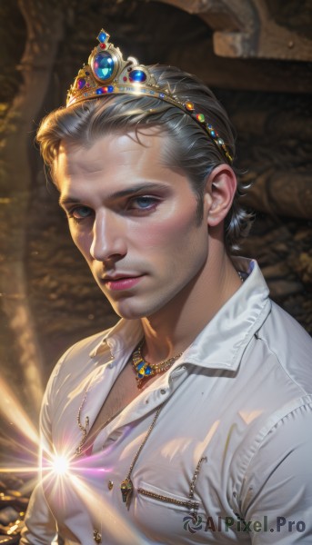 solo,looking at viewer,short hair,blue eyes,shirt,1boy,jewelry,white shirt,upper body,grey hair,male focus,parted lips,collared shirt,necklace,blurry,lips,blurry background,facial hair,tiara,crown,gem,zipper,glint,realistic,nose,partially unbuttoned,indoors,mole,gold