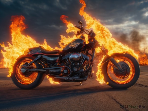 1girl,solo,1boy,boots,outdoors,sky,cloud,helmet,cloudy sky,fire,ground vehicle,motor vehicle,smoke,road,vehicle focus,motorcycle,burning,on motorcycle,no humans,scenery