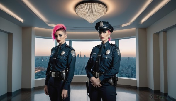 looking at viewer,short hair,multiple girls,shirt,long sleeves,hat,2girls,jewelry,closed mouth,standing,weapon,pink hair,earrings,necktie,belt,pants,indoors,uniform,lips,gun,window,makeup,black pants,own hands together,lipstick,black necktie,black belt,holster,police,police uniform,policewoman,police hat,vi (league of legends),asymmetrical hair,realistic