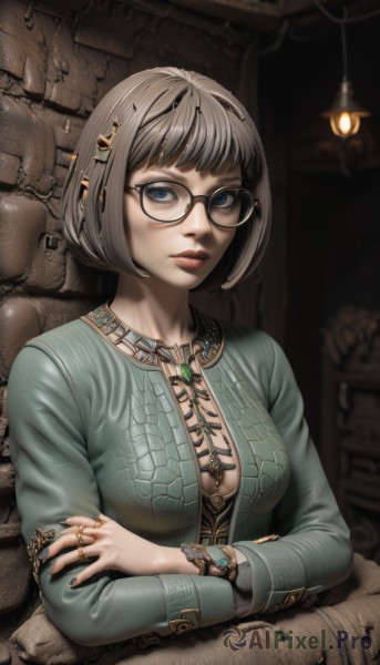 1girl,solo,breasts,looking at viewer,short hair,bangs,blue eyes,shirt,hair ornament,long sleeves,cleavage,jewelry,medium breasts,closed mouth,upper body,grey hair,glasses,pointy ears,hairclip,indoors,necklace,nail polish,blurry,bracelet,lips,fingernails,makeup,crossed arms,bob cut,ring,lipstick,gem,black nails,pendant,black-framed eyewear,watch,nose,round eyewear,green shirt,wristwatch,wall,brick wall,mascara,stone wall,jacket,open clothes,eyelashes,piercing,elf,long fingernails,lamp