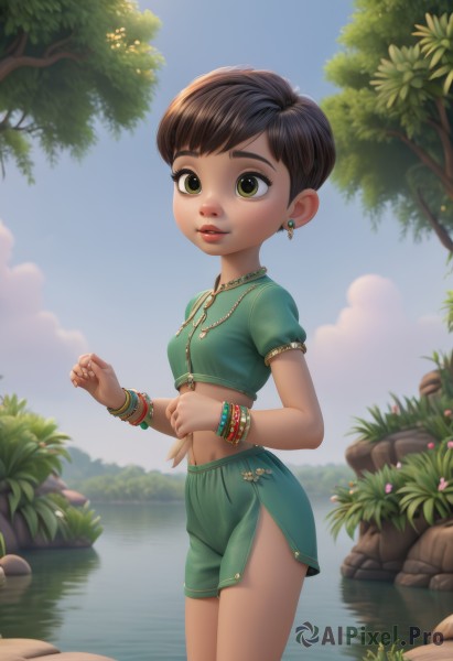 1girl,solo,breasts,looking at viewer,short hair,bangs,skirt,brown hair,shirt,black hair,navel,brown eyes,jewelry,green eyes,standing,flower,short sleeves,cowboy shot,earrings,small breasts,outdoors,parted lips,sky,shorts,day,midriff,artist name,cloud,water,necklace,flat chest,bracelet,tree,blue sky,lips,crop top,grass,plant,green skirt,child,nature,side slit,wading,freckles,rock,nose,green shirt,female child,bangle,green shorts,river,pond,open mouth,teeth,dark-skinned female