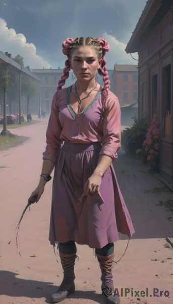 1girl,solo,breasts,looking at viewer,skirt,blonde hair,shirt,dress,holding,cleavage,brown eyes,jewelry,medium breasts,standing,collarbone,full body,pink hair,braid,flower,red hair,multicolored hair,earrings,boots,outdoors,sky,alternate costume,day,pants,cloud,dark skin,necklace,hair bun,black footwear,twin braids,bracelet,two-tone hair,dark-skinned female,tree,lips,double bun,makeup,shadow,building,walking,pink shirt,purple skirt,watch,realistic,nose,long hair,brown hair,hair ornament,parted lips,teeth,solo focus,artist name,mole,facial mark,piercing,freckles,purple shirt,wristwatch