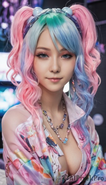 1girl,solo,long hair,breasts,looking at viewer,smile,bangs,blue eyes,large breasts,shirt,hair ornament,cleavage,twintails,jewelry,medium breasts,closed mouth,blue hair,collarbone,upper body,pink hair,multicolored hair,earrings,necklace,blurry,two-tone hair,lips,parted bangs,grey eyes,eyelashes,aqua hair,gradient hair,makeup,blurry background,wavy hair,animal print,eyeshadow,beads,realistic,nose,tied shirt,print shirt,bead necklace,mascara,hair beads,japanese clothes,artist name,bra,lipstick,pearl necklace