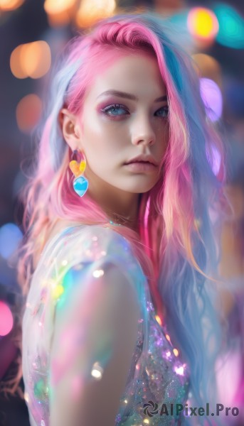 1girl,solo,long hair,looking at viewer,blue eyes,shirt,jewelry,closed mouth,blue hair,upper body,pink hair,heart,multicolored hair,earrings,sleeveless,artist name,blurry,from side,two-tone hair,lips,eyelashes,makeup,depth of field,blurry background,watermark,web address,eyeshadow,freckles,realistic,nose,heart earrings,bokeh,mascara,breasts,bangs,dress,bare shoulders,necklace,see-through,looking to the side,gradient hair,wavy hair,expressionless,lipstick