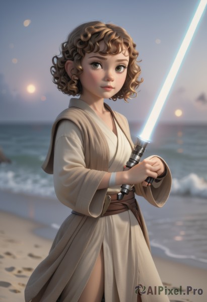 1girl,solo,looking at viewer,short hair,brown hair,long sleeves,holding,brown eyes,closed mouth,standing,weapon,cowboy shot,outdoors,day,sword,water,holding weapon,blurry,bracelet,lips,depth of field,blurry background,ocean,beach,holding sword,freckles,science fiction,curly hair,robe,nose,sand,glowing weapon,energy sword,white robe,lightsaber,breasts,blush,dress,small breasts,belt,white dress,realistic,horizon,animification