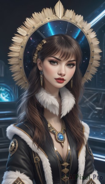 1girl,solo,long hair,breasts,looking at viewer,bangs,brown hair,hair ornament,cleavage,brown eyes,jewelry,medium breasts,closed mouth,upper body,earrings,necklace,lips,coat,grey eyes,fur trim,eyelashes,makeup,lipstick,gem,pendant,eyeshadow,nose,red lips,eyeliner,jacket,artist name,fur collar,realistic