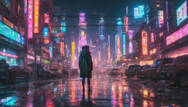 1girl, solo, black hair, standing, jacket, boots, outdoors, hood, from behind, dutch angle, night, ground vehicle, building, scenery, motor vehicle, reflection, rain, city, sign, car, road, street, city lights, cyberpunk, neon lights