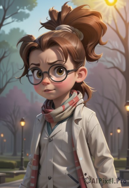 1girl,solo,long hair,looking at viewer,blush,bangs,brown hair,shirt,long sleeves,brown eyes,jacket,upper body,ponytail,outdoors,parted lips,open clothes,glasses,teeth,day,striped,artist name,scarf,blurry,tree,lips,coat,aged down,child,forehead,freckles,black-framed eyewear,hair tie,round eyewear,labcoat,white coat,female child,biting,lamppost,striped scarf,lip biting,park,night,blurry background