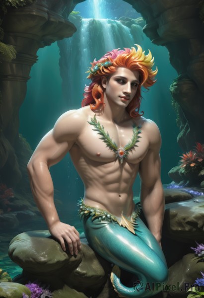 solo,long hair,hair ornament,1boy,navel,brown eyes,jewelry,sitting,nipples,full body,flower,male focus,red hair,multicolored hair,artist name,water,necklace,orange hair,dated,muscular,leaf,watermark,abs,pectorals,web address,topless male,rock,waterfall,monster boy,hair flower,freckles,curly hair,underwater,realistic,scales,head wreath,mermaid